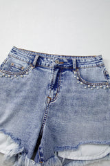 Beau Blue Pearl Studded Pocket Raw Hem Denim Shorts