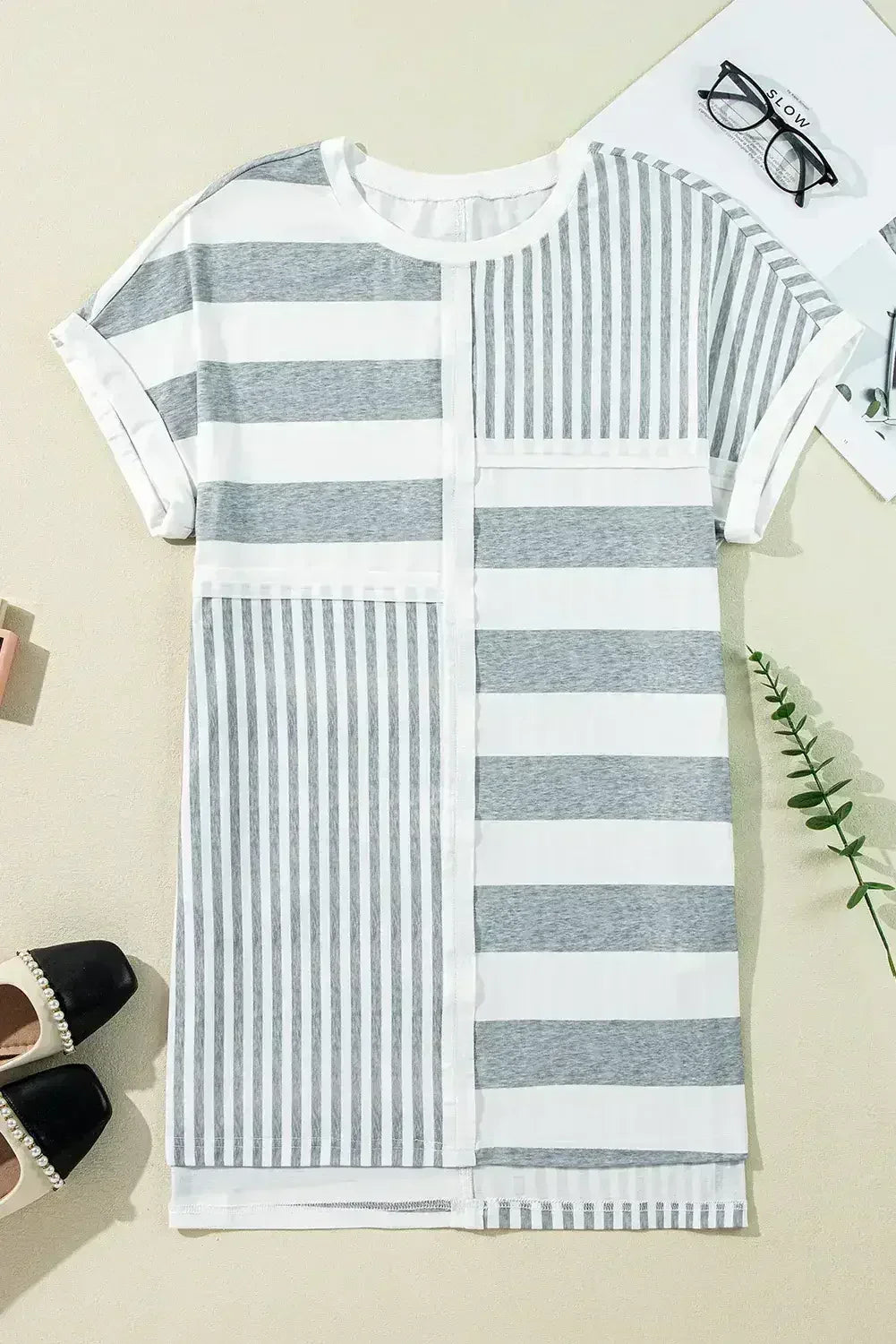 Gray Stripe Mixed Printed Short Sleeve Shift Mini T Shirt Dress - Femstylo