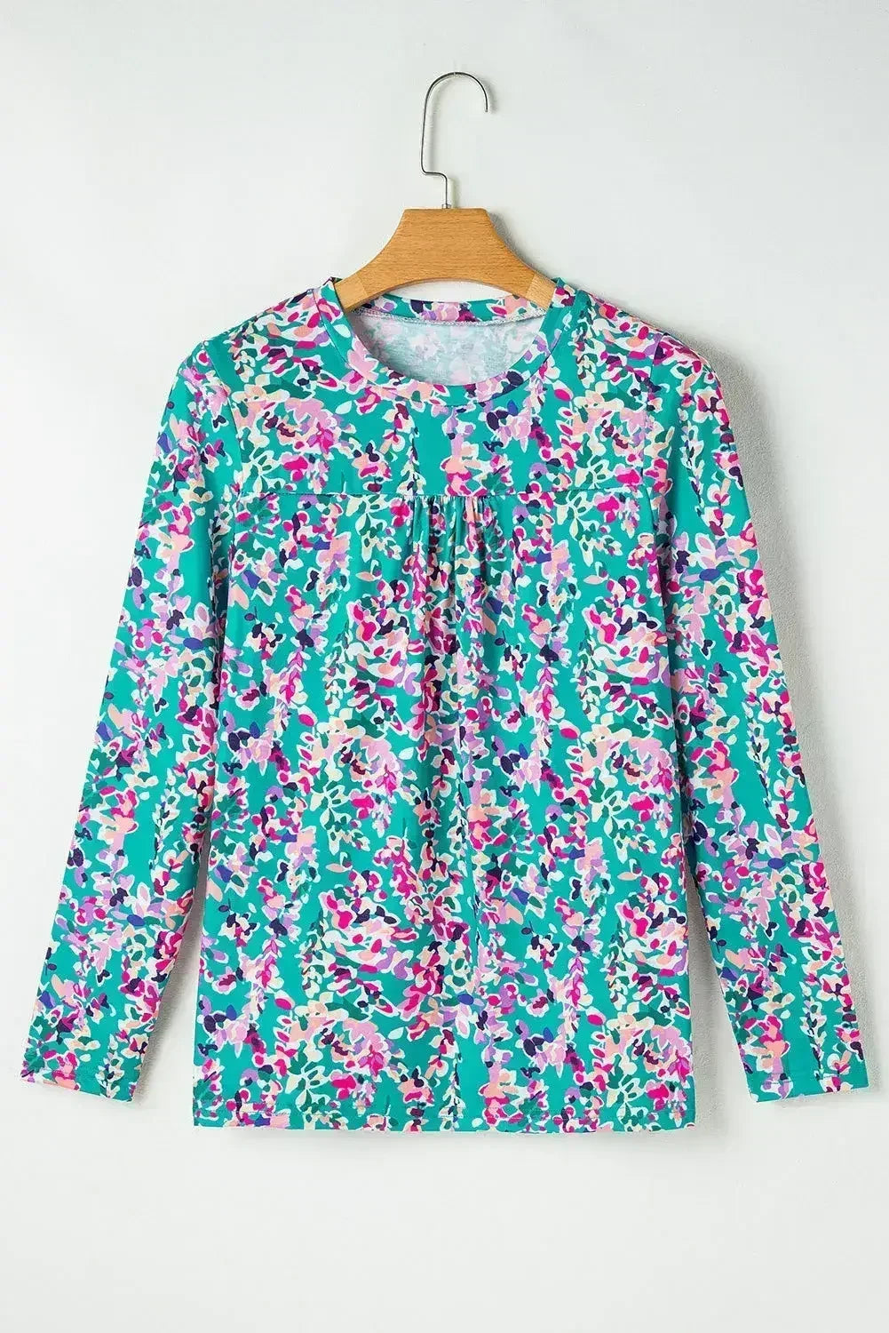 Green Floral Pleated Blouse - Relaxed Long Sleeve Top | Femstylo - Femstylo