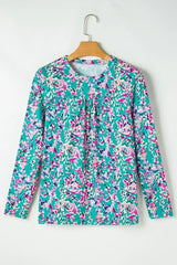 Green Floral Pleated Blouse - Relaxed Long Sleeve Top | Femstylo - Femstylo