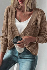 Dark Khaki Cardigan – Open Knit Drop Shoulder Sweater | Cotton-Acrylic Blend - Femstylo