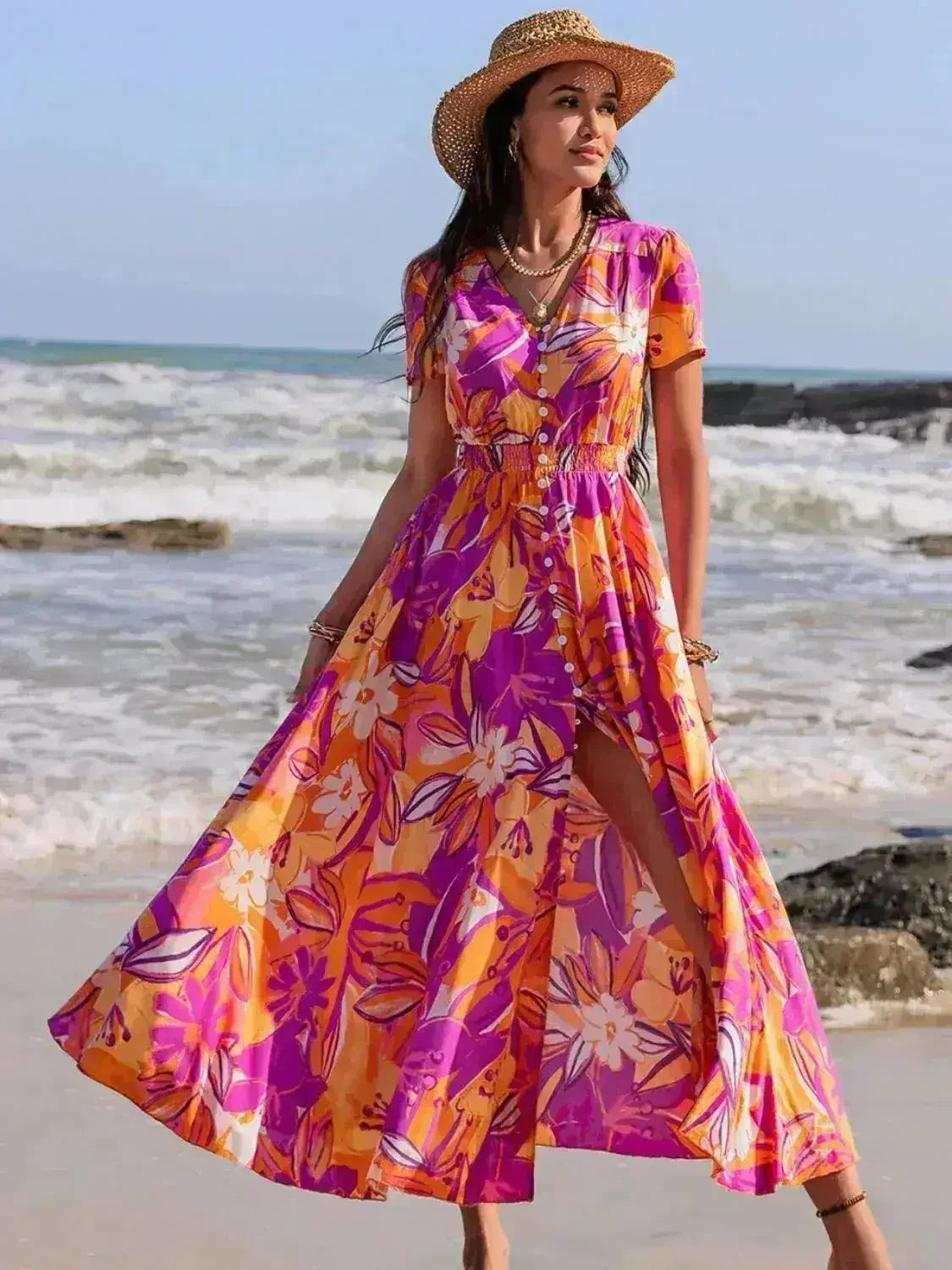 Printed V-Neck Midi Dress - Flowy Viscose Summer Dress | Femstylo - Femstylo