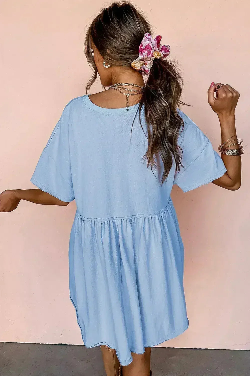 Sky Blue Solid Color Pocket Raw Edge Babydoll Dress - Femstylo