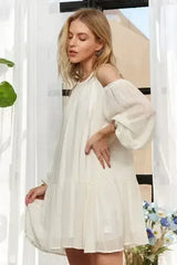 ADORA Cold Shoulder Balloon Sleeve Mini Dress - Femstylo