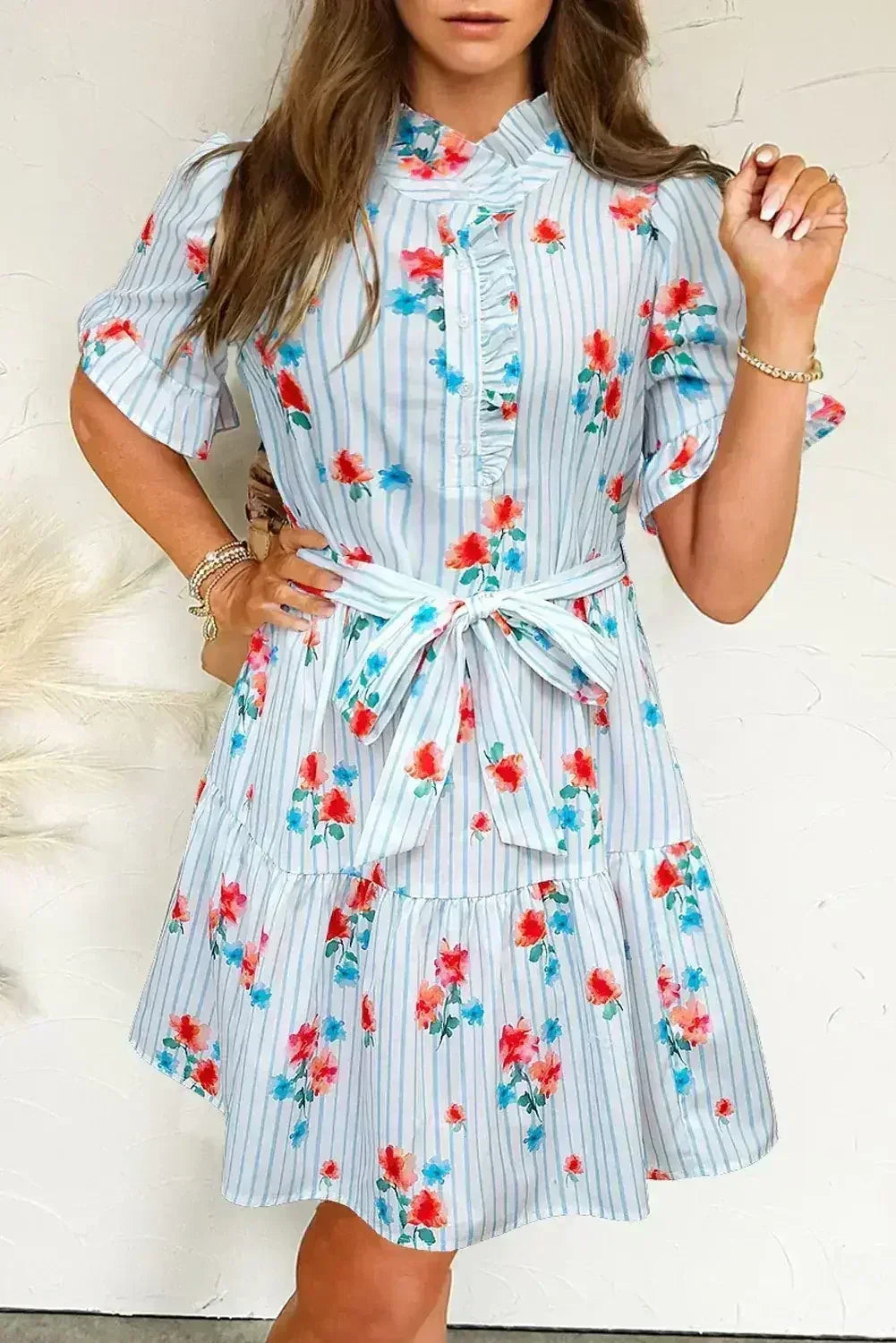 Sky Blue Striped Floral Print Ruffle Belted Mini Dress - Femstylo