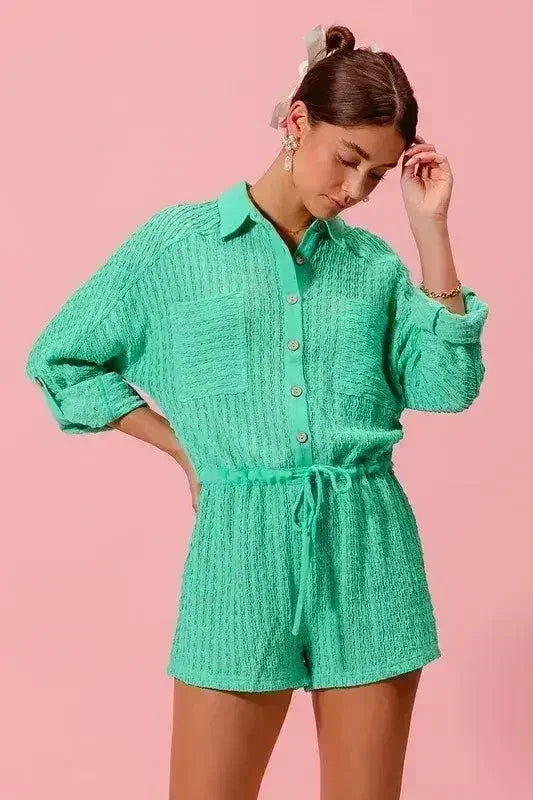 SO ME Textured Knit Button Front Romper - Femstylo