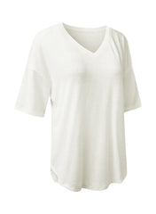 White Waffle Texture V Neck Drop Shoulder Loose Tee