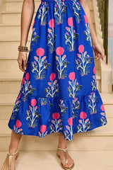 Blue Floral Ruffle Hem Pop of Color Neckline Dress - Femstylo