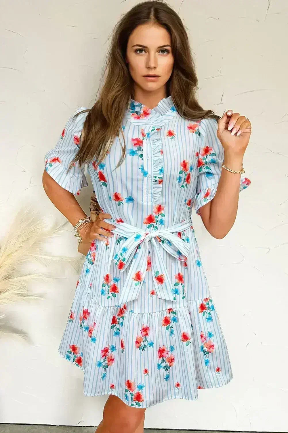 Sky Blue Striped Floral Print Ruffle Belted Mini Dress - Femstylo