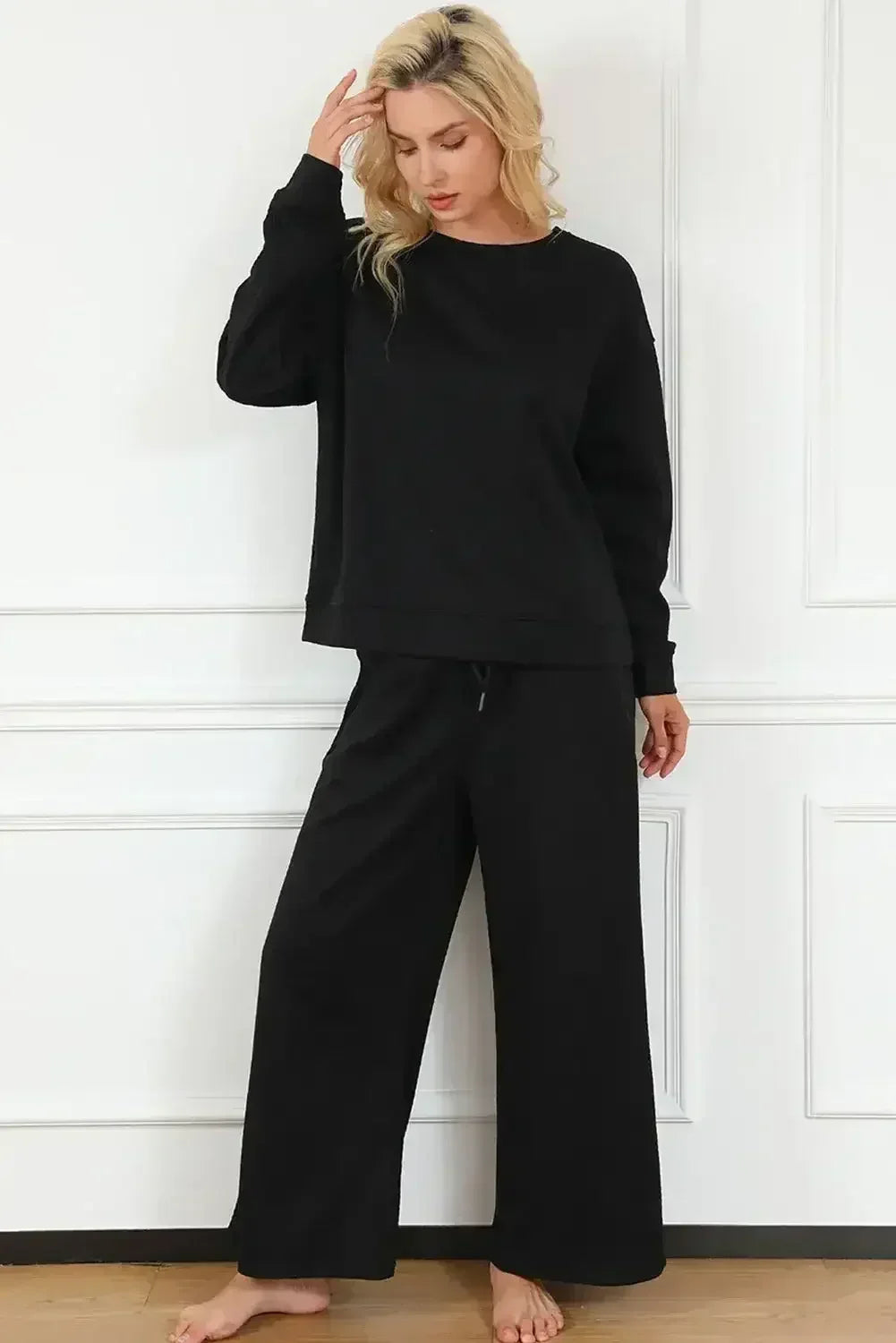 Black Ultra Loose Textured 2pcs Slouchy Outfit - Femstylo