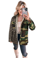 Brown Leopard Camouflage Patchwork Oversized Shacket