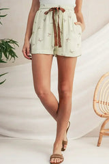 White Bow Pattern Lace Tie Elastic Waist Shorts - Femstylo