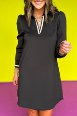 Black Striped Trim V Neck Collared Puff Sleeve Mini Dress
