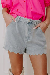 Sail Blue Scalloped Hemline Light Wash Denim Shorts - Femstylo