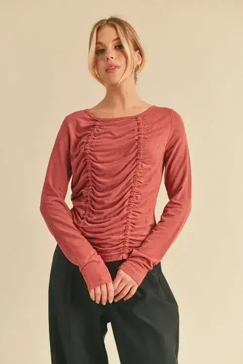 Ruched Front Long Sleeve T-Shirt - Slimming Top | Femstylo - Femstylo