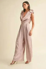 MABLE 3D Floral Applique Deep Cowl Neck Jumpsuit - Femstylo