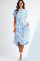 Sky Blue Stripe Bubble Sleeve Scallop Tiered Dress - Femstylo