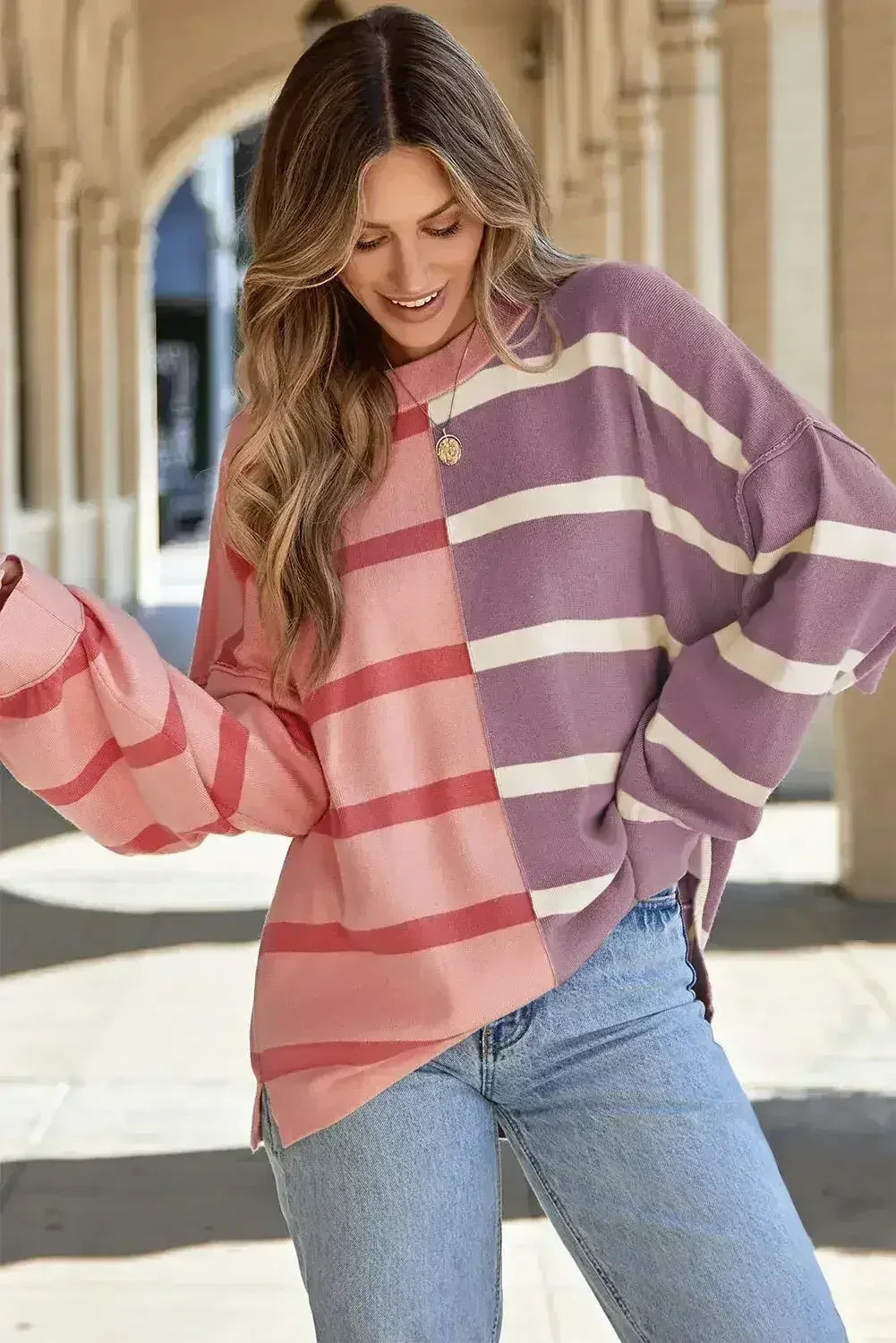 Pink Stripe Oversized Sweater - Colorblock Knit | Femstylo - Femstylo