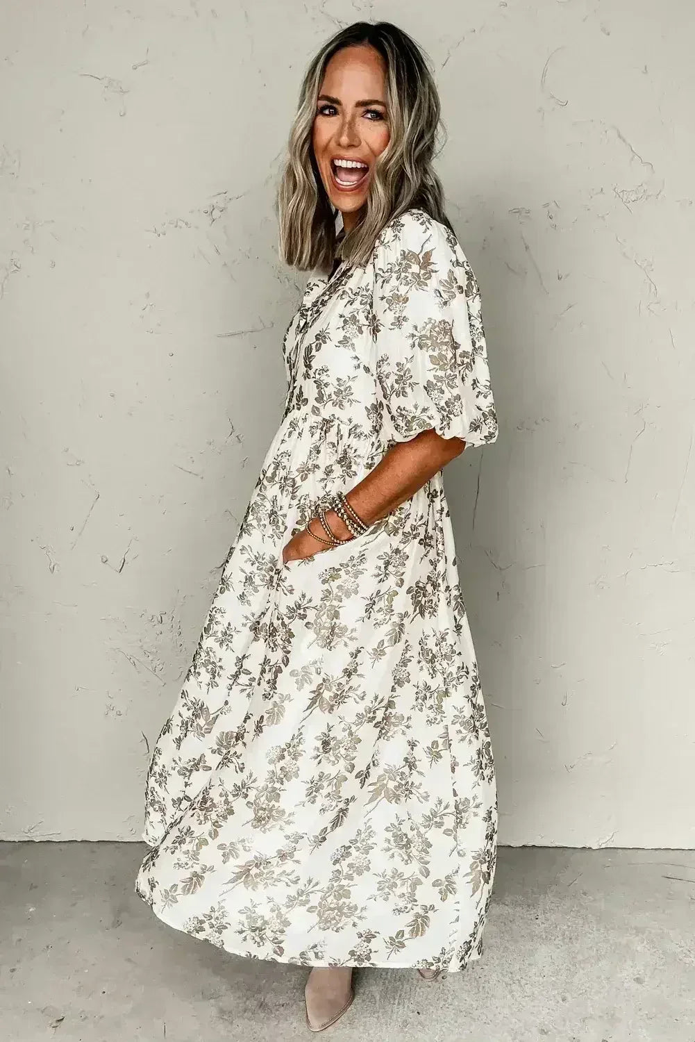 Khaki Floral Puff Sleeve V Neck Buttoned Front Maxi Dress - Femstylo