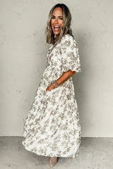 Khaki Floral Puff Sleeve V Neck Buttoned Front Maxi Dress - Femstylo