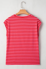 Black Stripe Ribbed Cap Sleeve Round Neck T Shirt