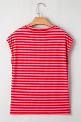 Black Stripe Ribbed Cap Sleeve Round Neck T Shirt
