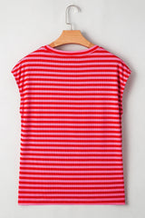 Black Stripe Ribbed Cap Sleeve Round Neck T Shirt