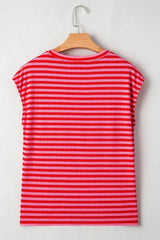 Black Stripe Ribbed Cap Sleeve Round Neck T Shirt - Femstylo