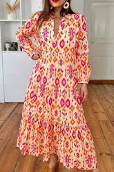 Orange Western Abstract Geometric Printed Maxi Dress - Femstylo