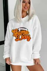 White Chenille Game Day Rugby Football Pattern Pullover Sweatshirt - Femstylo