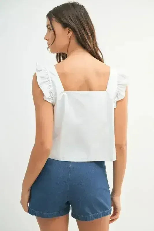 MABLE Poplin Ruffle Strap Front Self Tie Top - Femstylo