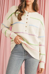 White Rainbow Striped Drop Sleeve Henley Sweater - Femstylo