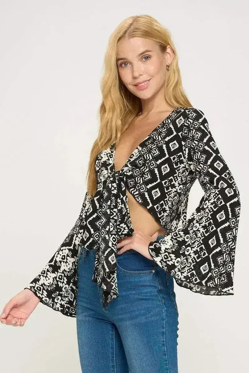 Boho Bell-Sleeve Crop Top | Floral Tie-Front | Sizes S-XL - Femstylo