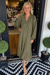 Green Collared V Neck Smocked Detail Contrast Leopard Trim Long Dress