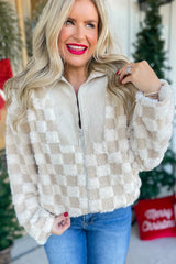 Khaki Checkered Sherpa Jacket | Corduroy Patchwork Zip-Up - Femstylo