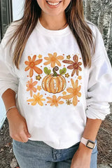 White Flower Pumpkin Printed Cotton Blend Sweatshirt - Femstylo