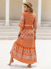 Printed Plunge Half Sleeve Top and Skirt Set - Femstylo