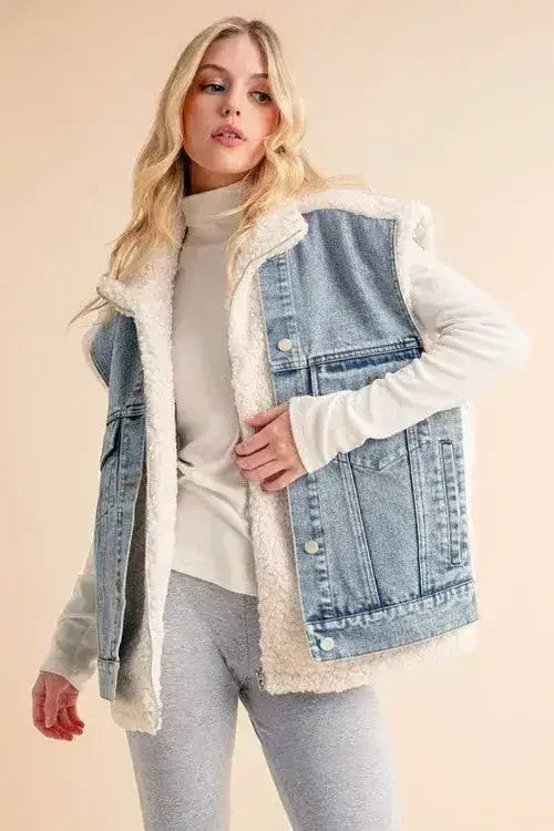 Aemi + Co Fake Two Pieces Denim Patch Sherpa Vest Coat - Femstylo