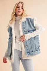 Aemi + Co Fake Two Pieces Denim Patch Sherpa Vest Coat - Femstylo