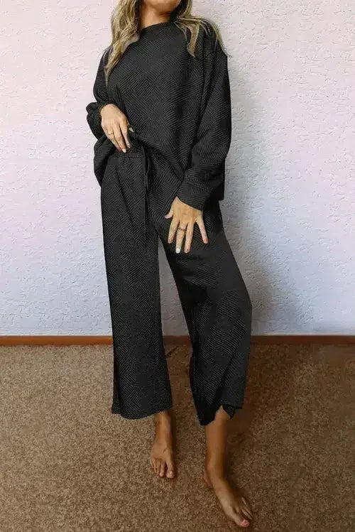 Black Ultra Loose Textured 2pcs Slouchy Outfit - Femstylo