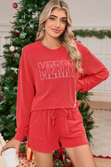 Racing Red Corded MERRY Long Sleeve Top and Shorts Pajama Set