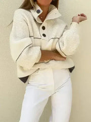 Waffle-Knit Half Button Long Sleeve Sweater - Femstylo