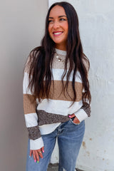 Brown Mixed Texture Knit Striped Colorblock Loose Sweater