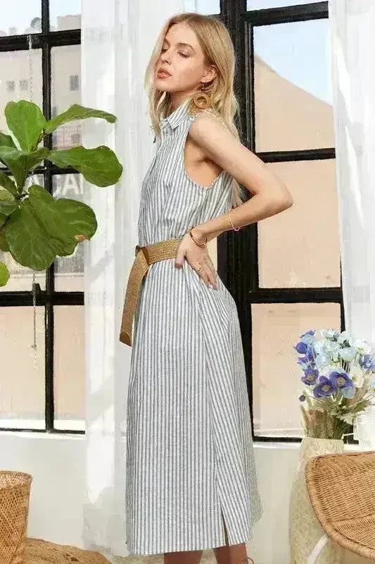 ADORA Striped Button Down Dress – Cotton Midi Sleeveless - Femstylo