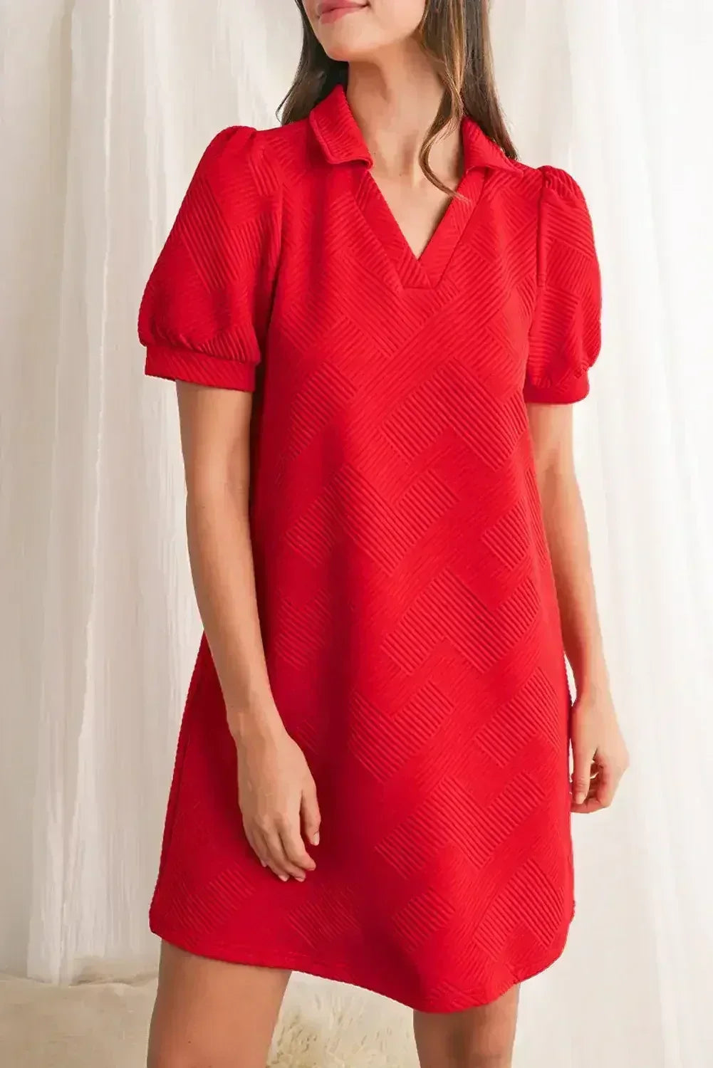 Fiery Red V Neck Puff Sleeve Textured Mini Dress - Femstylo