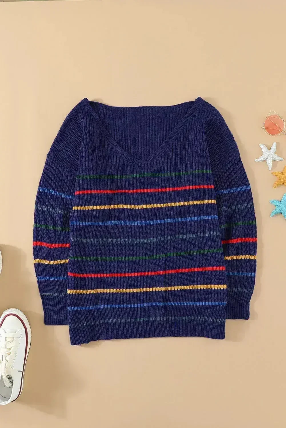 Blue Striped Loose Knit Sweater - Femstylo