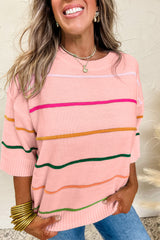 White Striped Half Sleeve Drop Shoulder Sweater - Femstylo