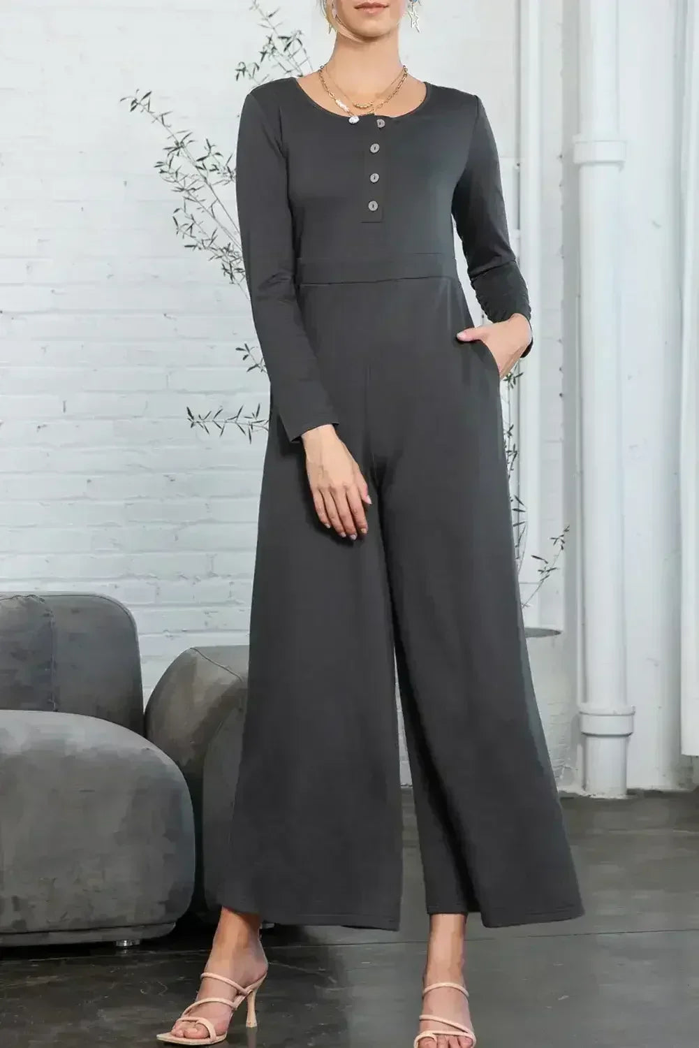 Dark Grey Henley Long Sleeve Wide Leg Jumpsuit with Pockets - Femstylo