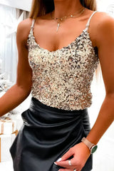 Black Sequined Adjustable Spaghetti Straps Tank Top - Femstylo