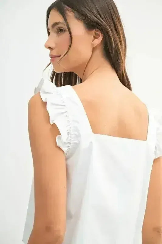 MABLE Poplin Ruffle Strap Front Self Tie Top - Femstylo